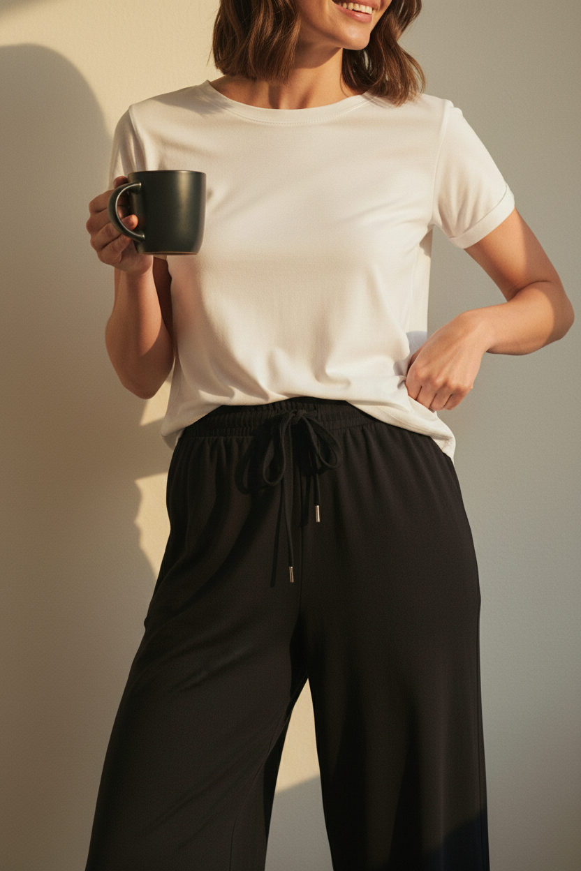 Close-up Editorial — Shorter Bamboo Tee White & Voyager Pant Black