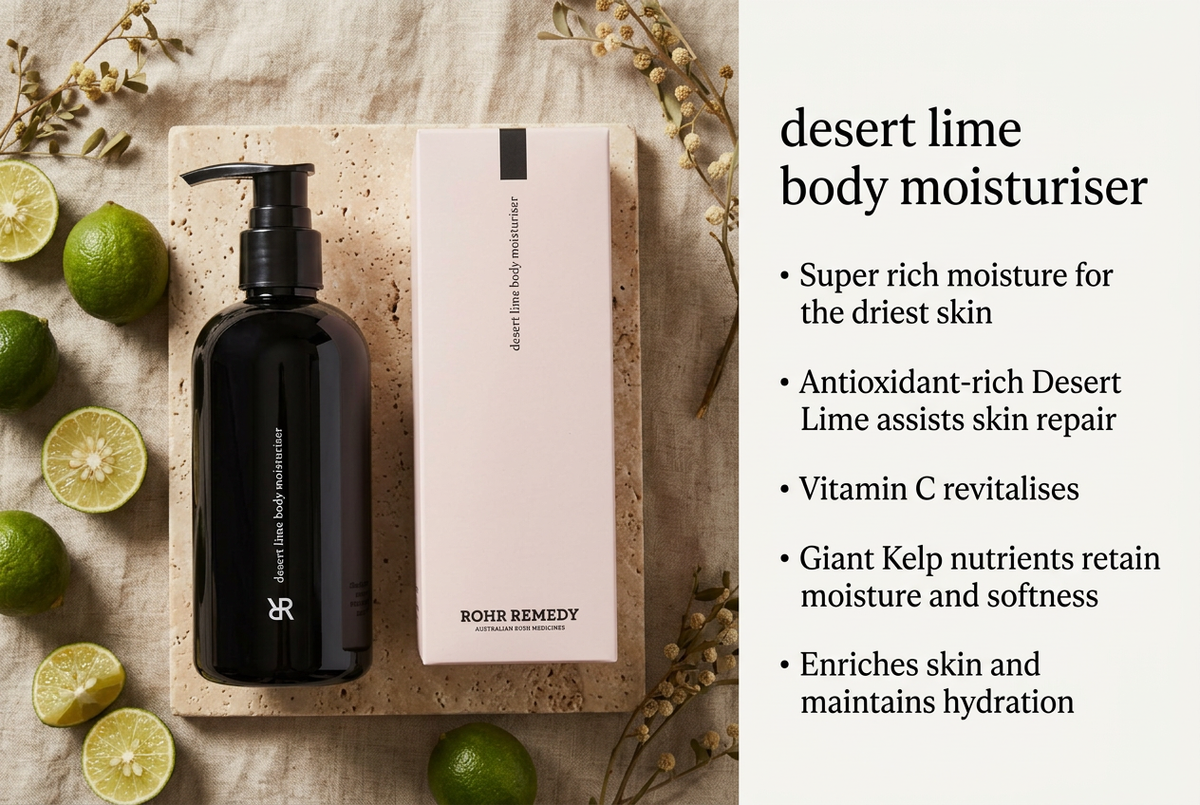 Desert Lime Body Moisturiser earthy marketing image with five benefit points