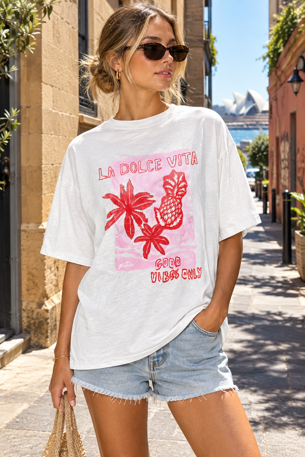 La Dolce Vita tee in a summery Sydney laneway