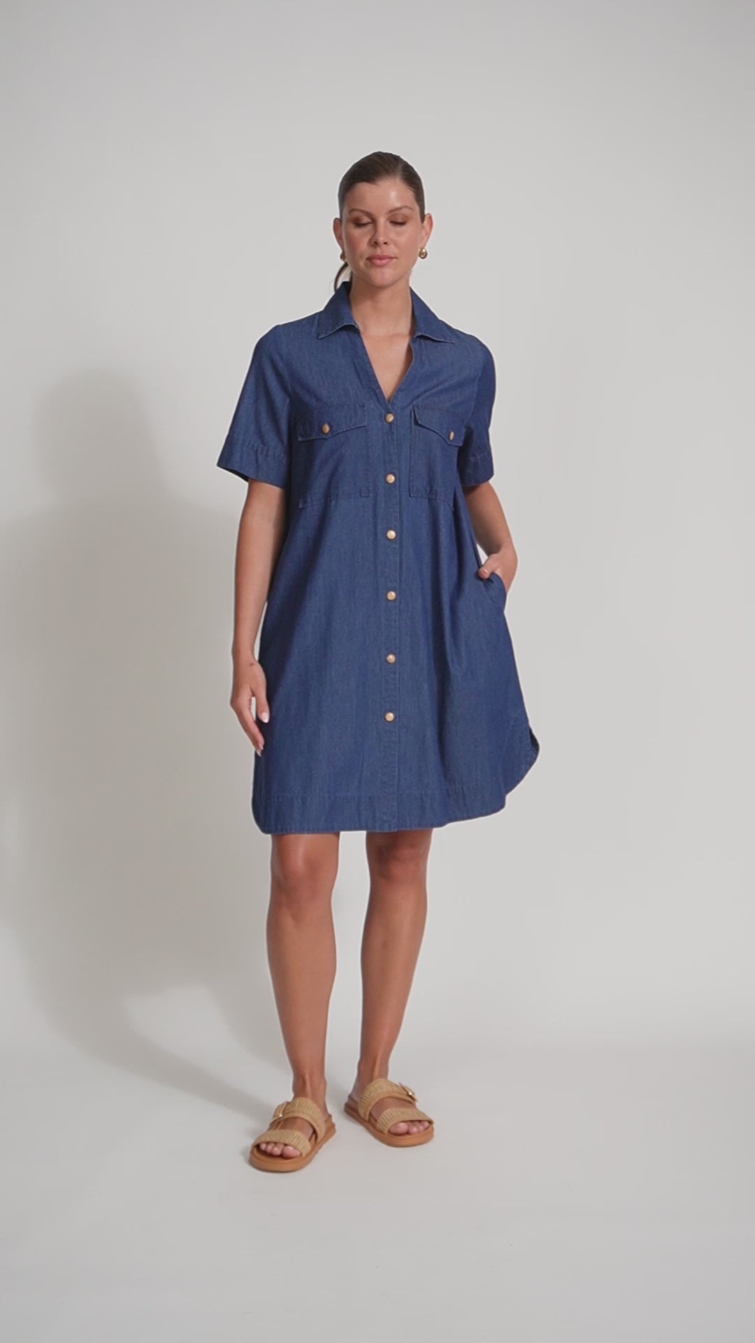 Eb&Ive Melenia Denim shirt dress short sleeve button front and filler shirt maker cotton summer dress indigo 