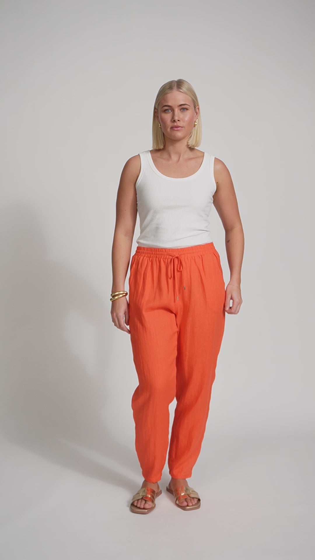 Eb&Ive Miramar Linen pant Relaxed linen jogger summer drawstring waist slim tapered leg coral orange