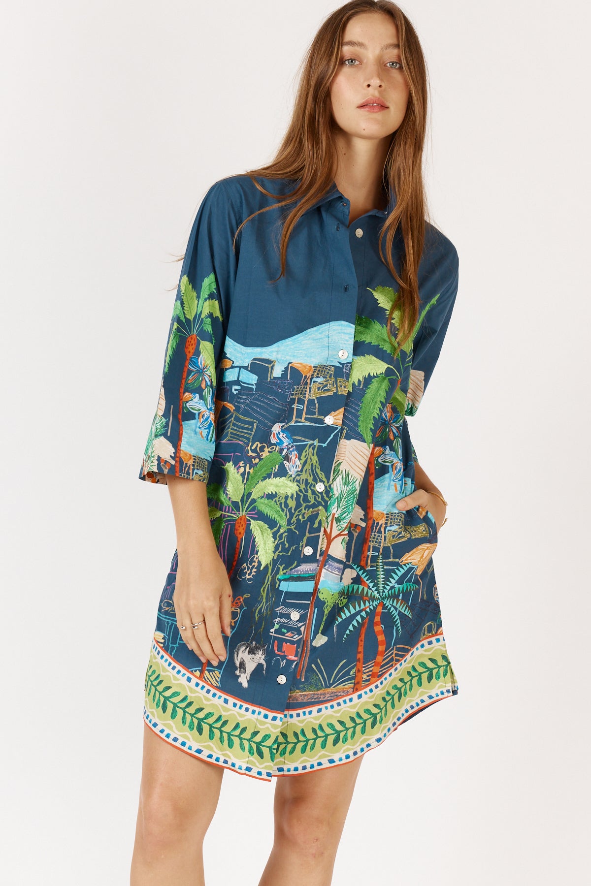RubyYAYA Cest la vie Shirtmaker Shirt dress white Navy cotton embroidery long sleeve short midi