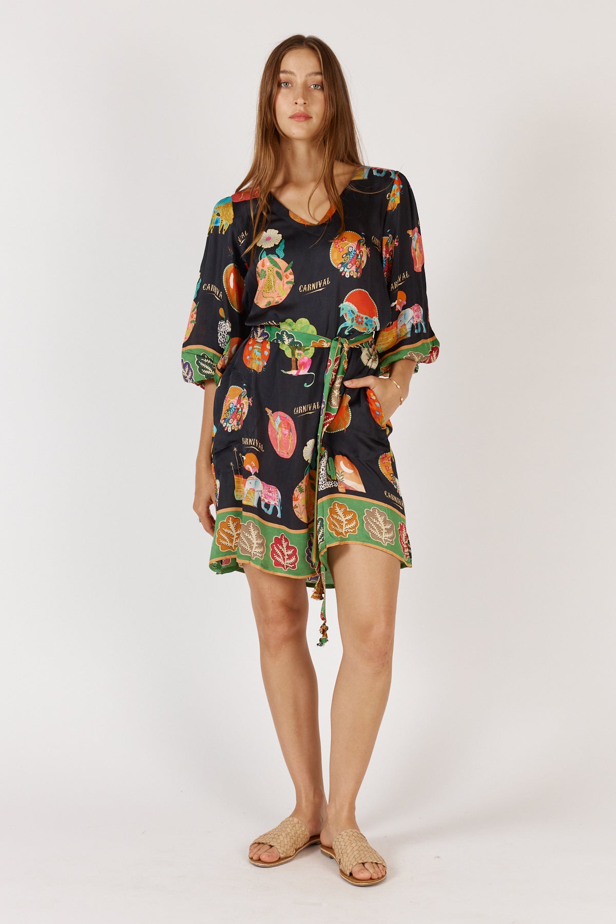 RubyYAYA Down Under Print Black short midi length with sleeve Resort Holiday dress Summer
