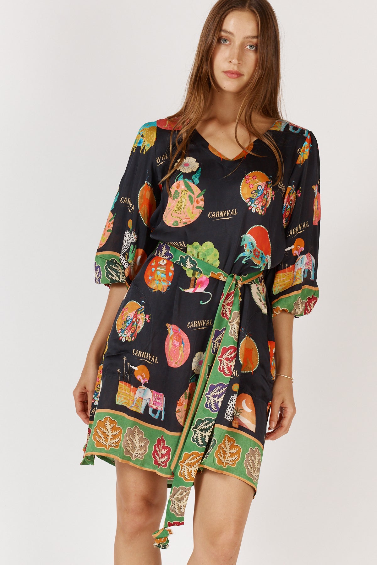 RubyYAYA Down Under Print Black short midi length with sleeve Resort Holiday dress Summer