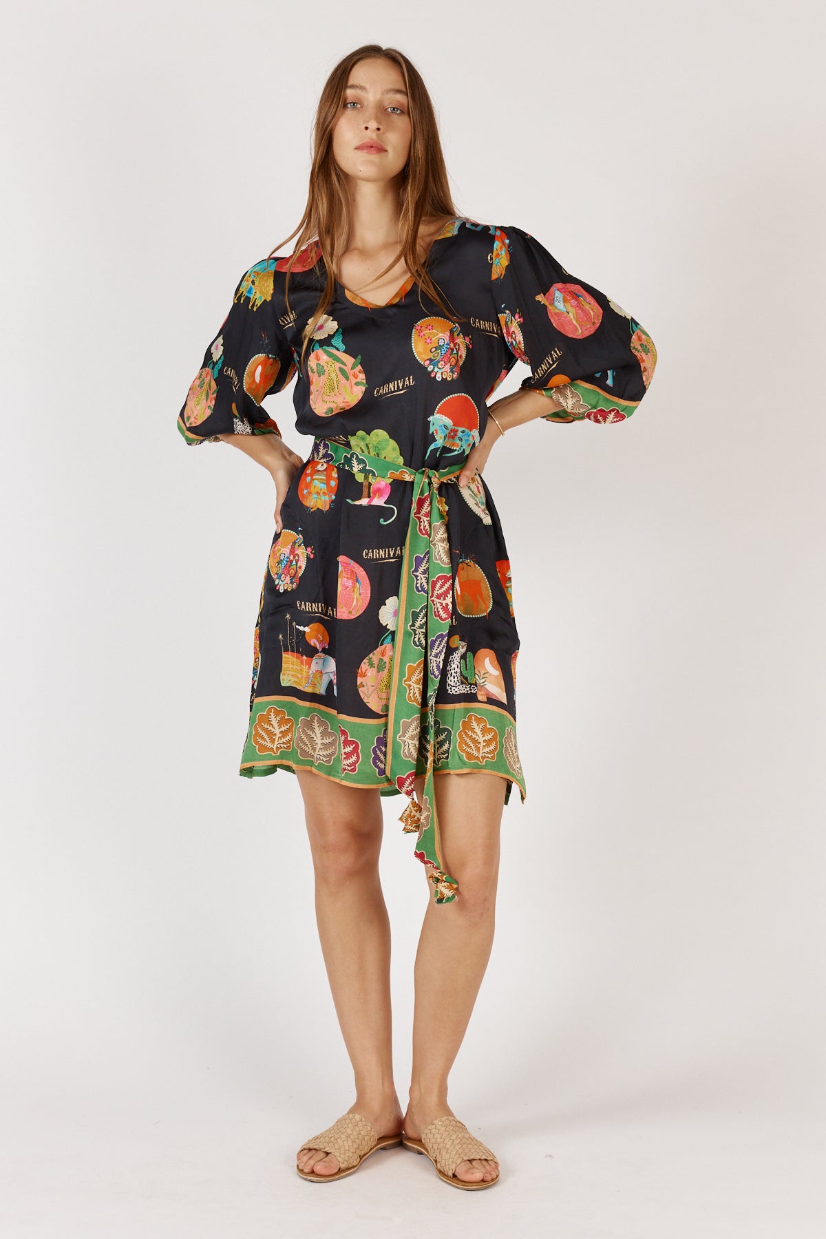 RubyYAYA Down Under Print Black short midi length with sleeve Resort Holiday dress Summer