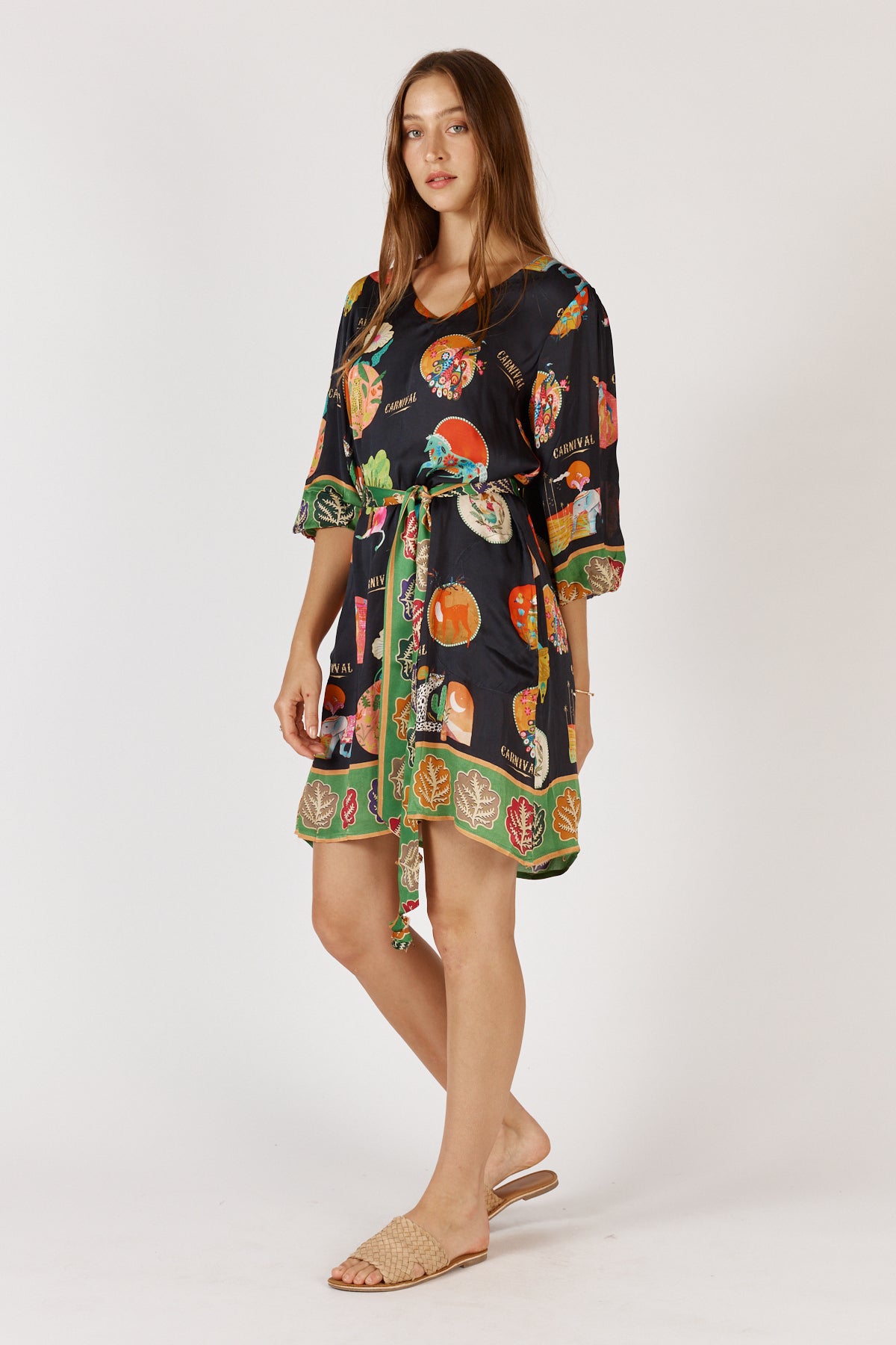 RubyYAYA Down Under Print Black short midi length with sleeve Resort Holiday dress Summer