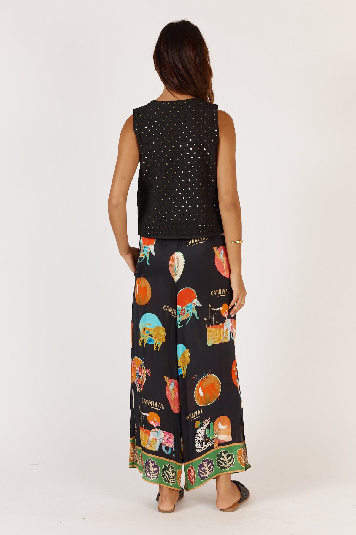 Rubyyaya Downunder shirt and pants Black Print relaxed straight wide leg pant elastic waist summer resort and holiday set 