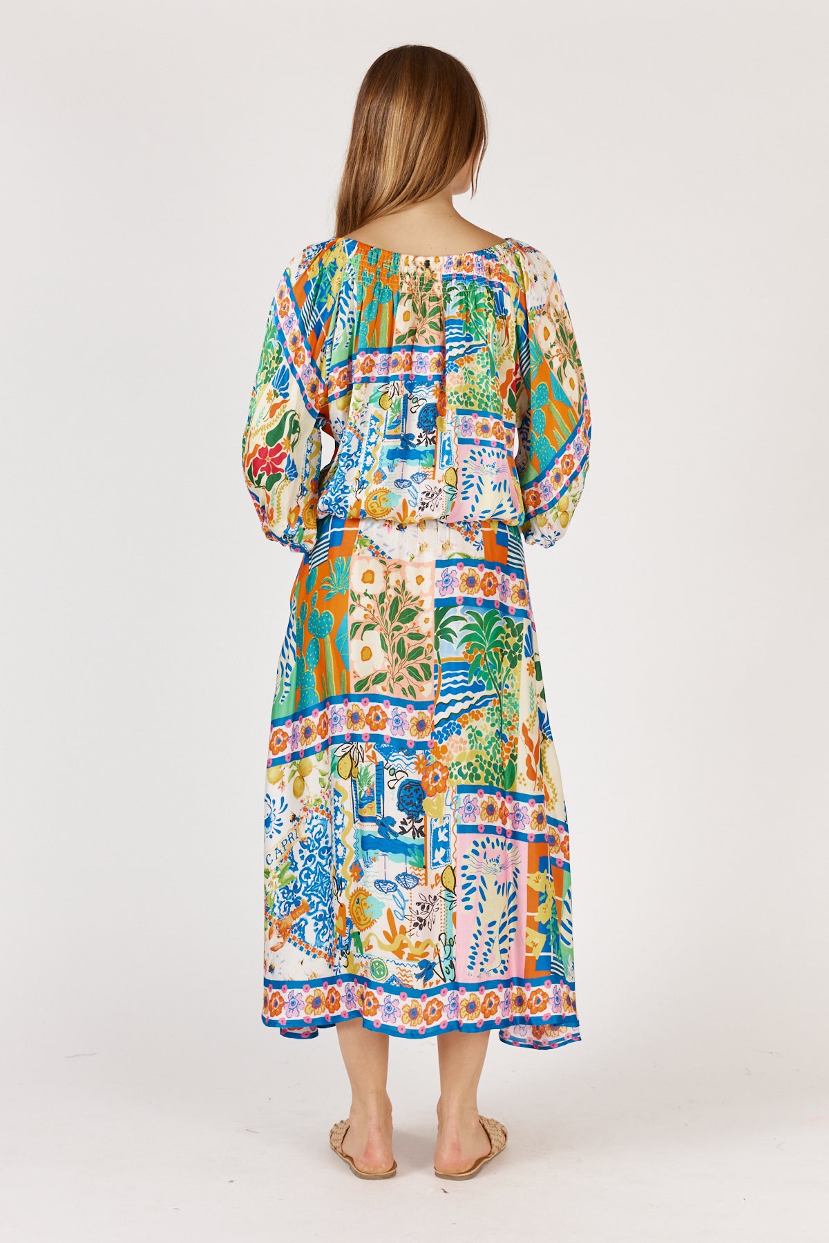 Rubyyaya Geranium Shirt Positano Greek isle inspired print Cobalt Blue lemon silk Satin model off shoulder