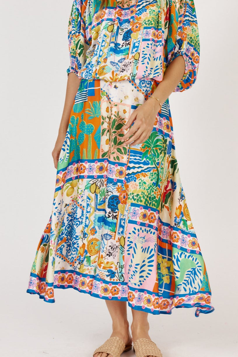 Rubyyaya Geranium Skirt Positano Greek isle inspired print Cobalt Blue lemon silk Satin model Midi length