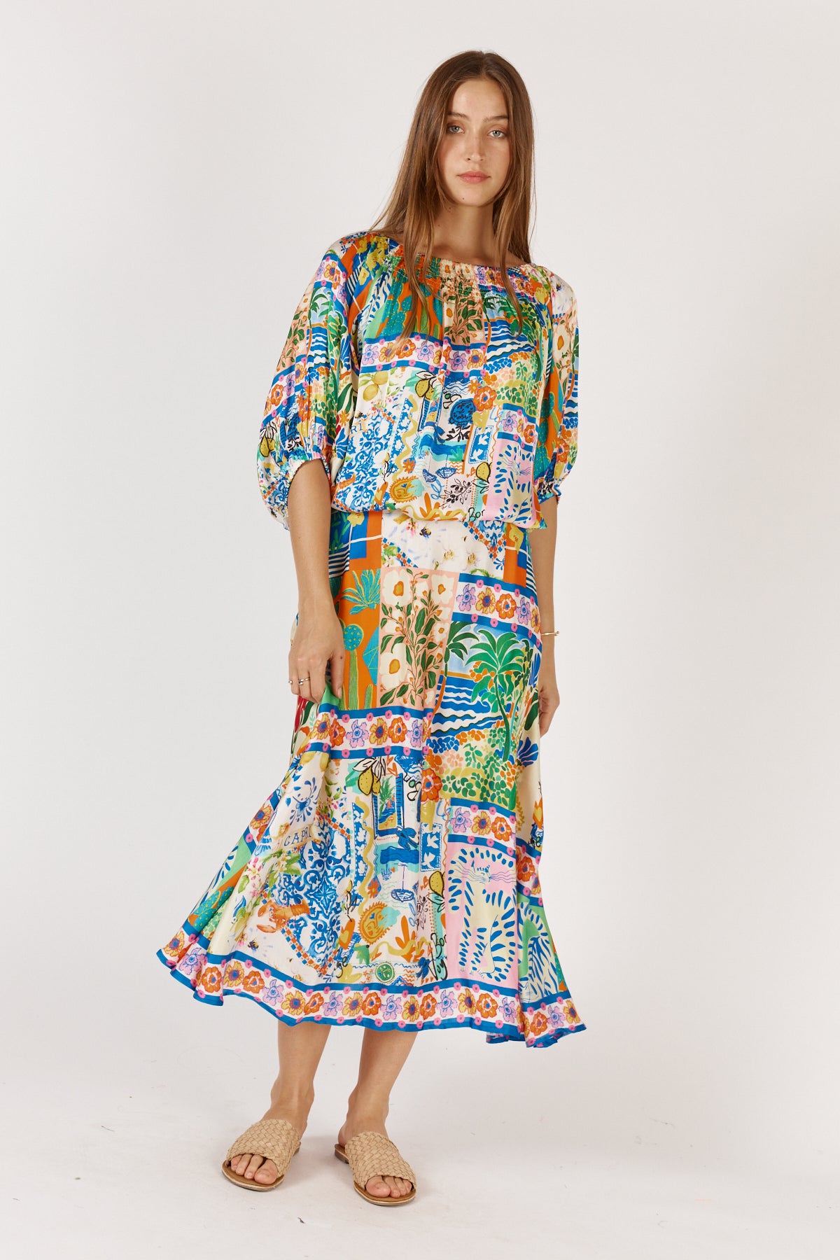 Rubyyaya Geranium Skirt Positano Greek isle inspired print Cobalt Blue lemon silk Satin model Midi length