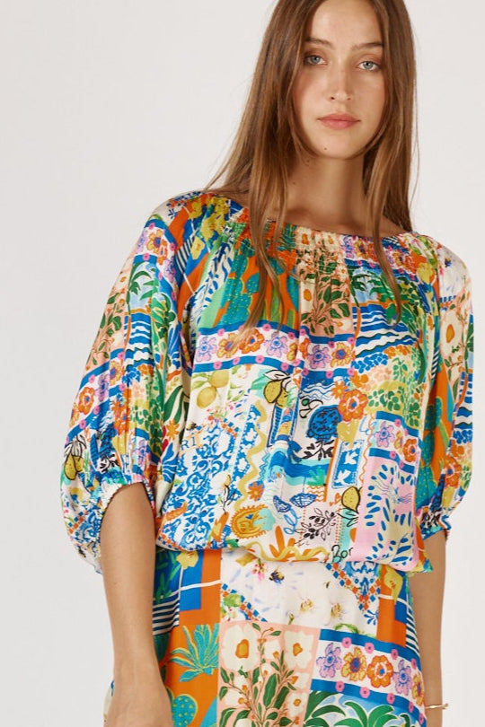 Rubyyaya Geranium Shirt Positano Greek isle inspired print Cobalt Blue lemon silk Satin model off shoulder