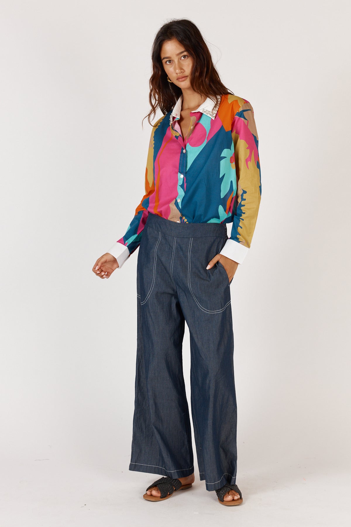 Rubyyaya Lotus Bloom shirt floral abstract bright colour print beaded diamond collar Cotton long sleeve