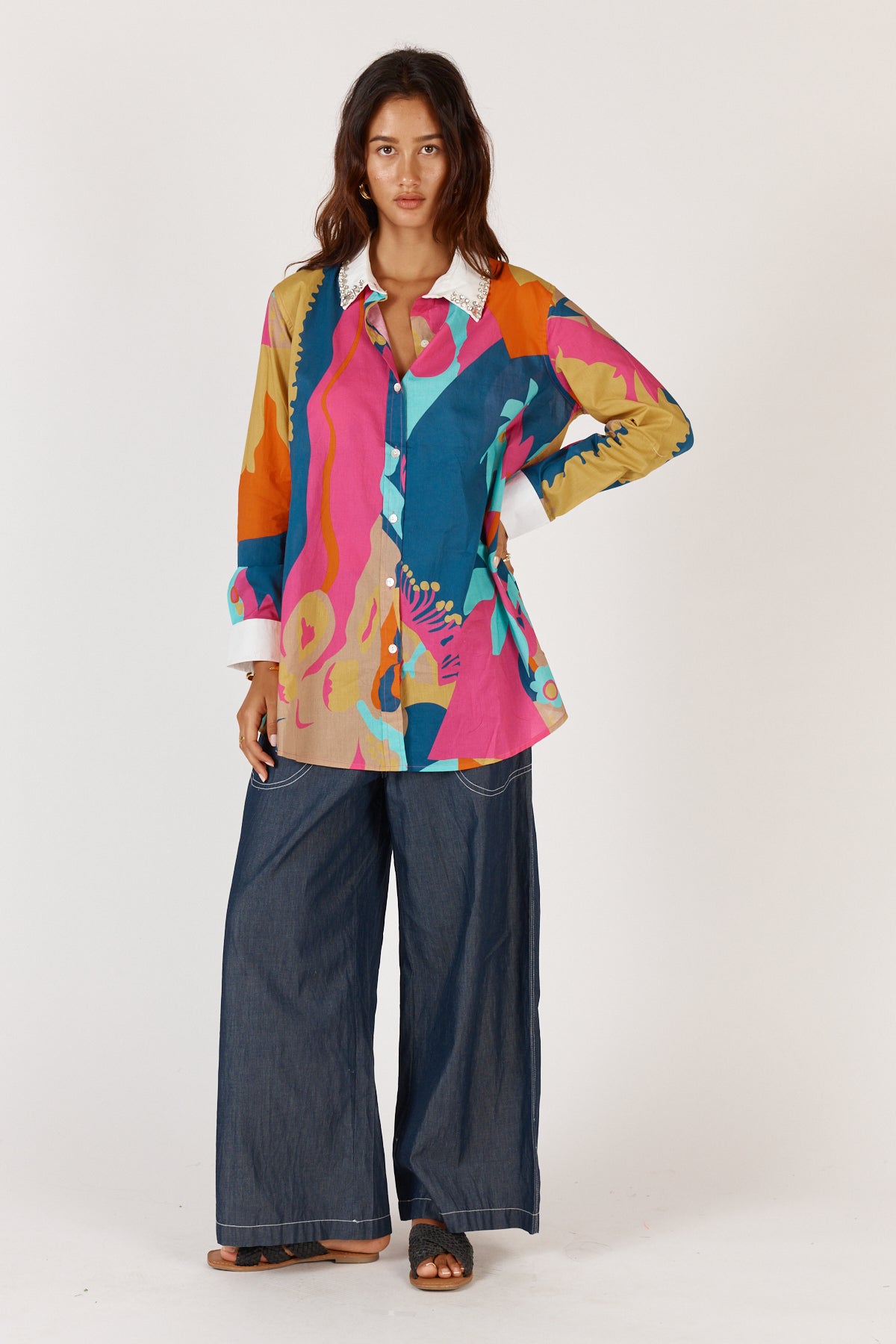 Rubyyaya Lotus Bloom shirt floral abstract bright colour print beaded diamond collar Cotton long sleeve