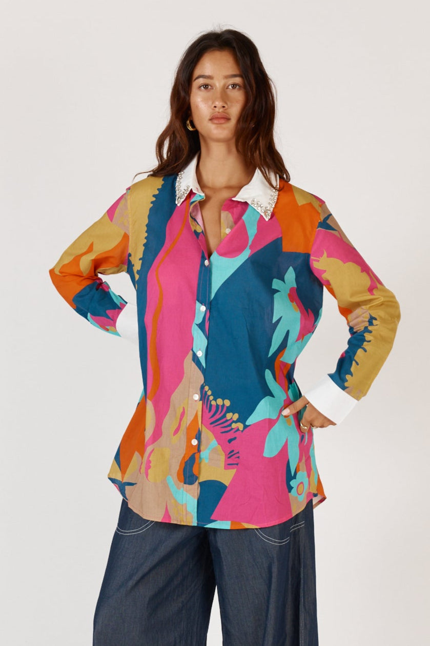 Rubyyaya Lotus Bloom shirt floral abstract bright colour print beaded diamond collar Cotton long sleeve
