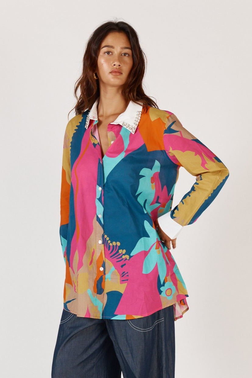 Rubyyaya Lotus Bloom shirt floral abstract bright colour print beaded diamond collar Cotton long sleeve