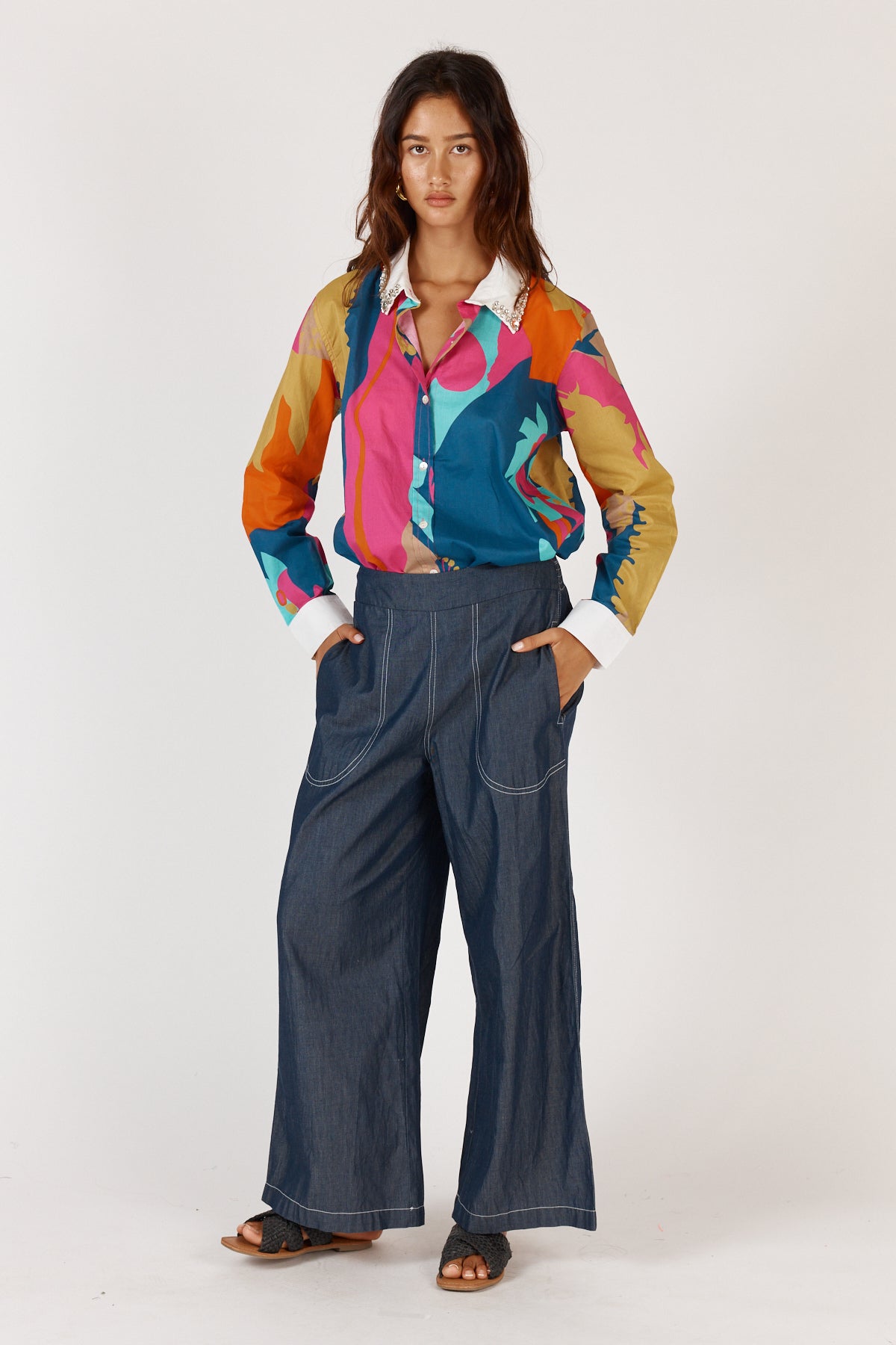 Rubyyaya Lotus Bloom shirt floral abstract bright colour print beaded diamond collar Cotton long sleeve