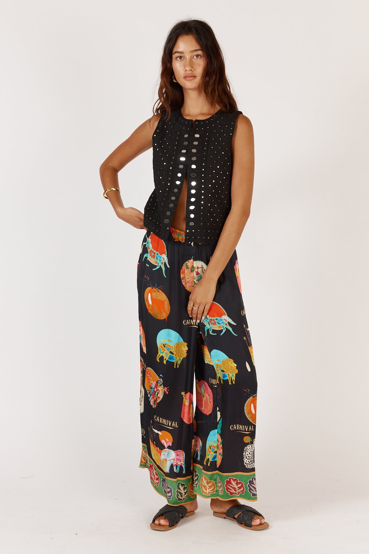 Rubyyaya Downunder shirt and pants Black Print relaxed straight wide leg pant elastic waist summer resort and holiday set 