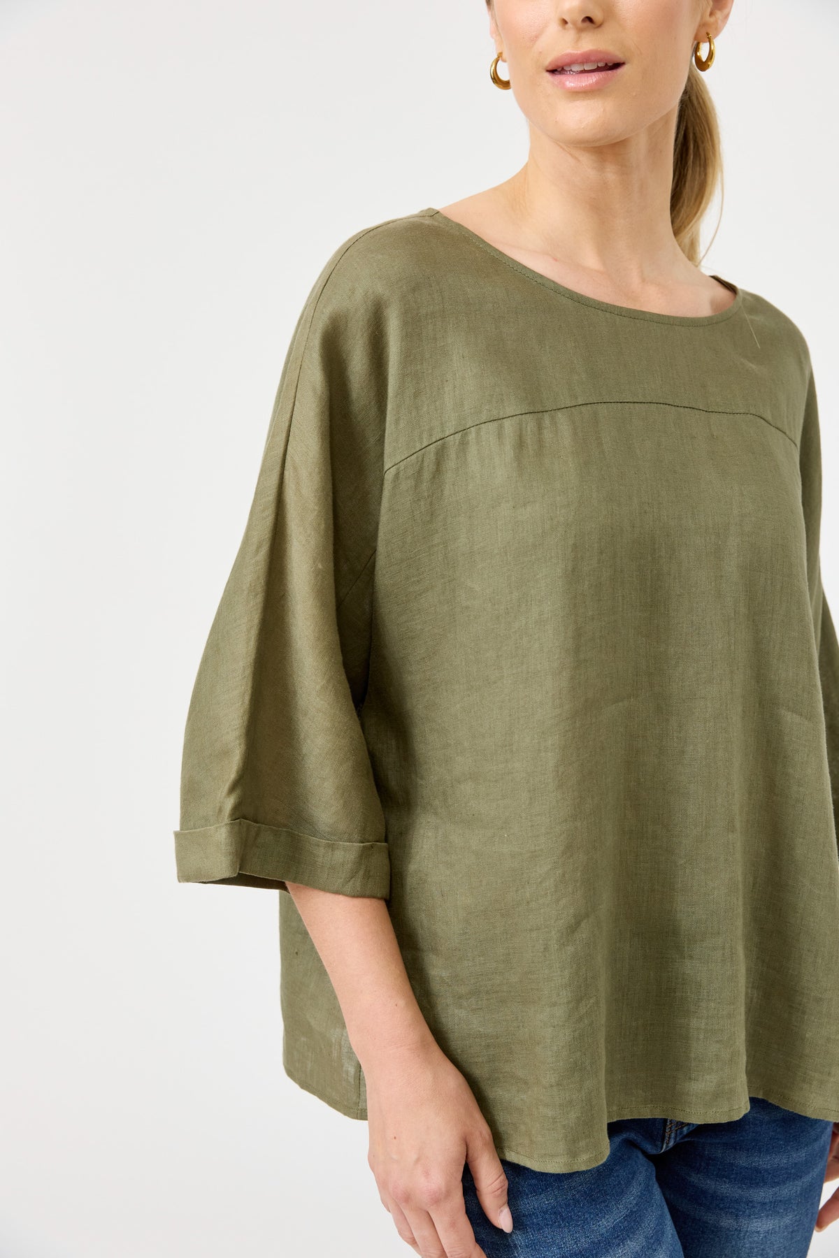 Eb&Ive Studio linen relaxed Khaki  top three-quarter length sleeve relaxed fit evening work wear Khaki Linen Blouse long sleeve Oversized Black Linen Top