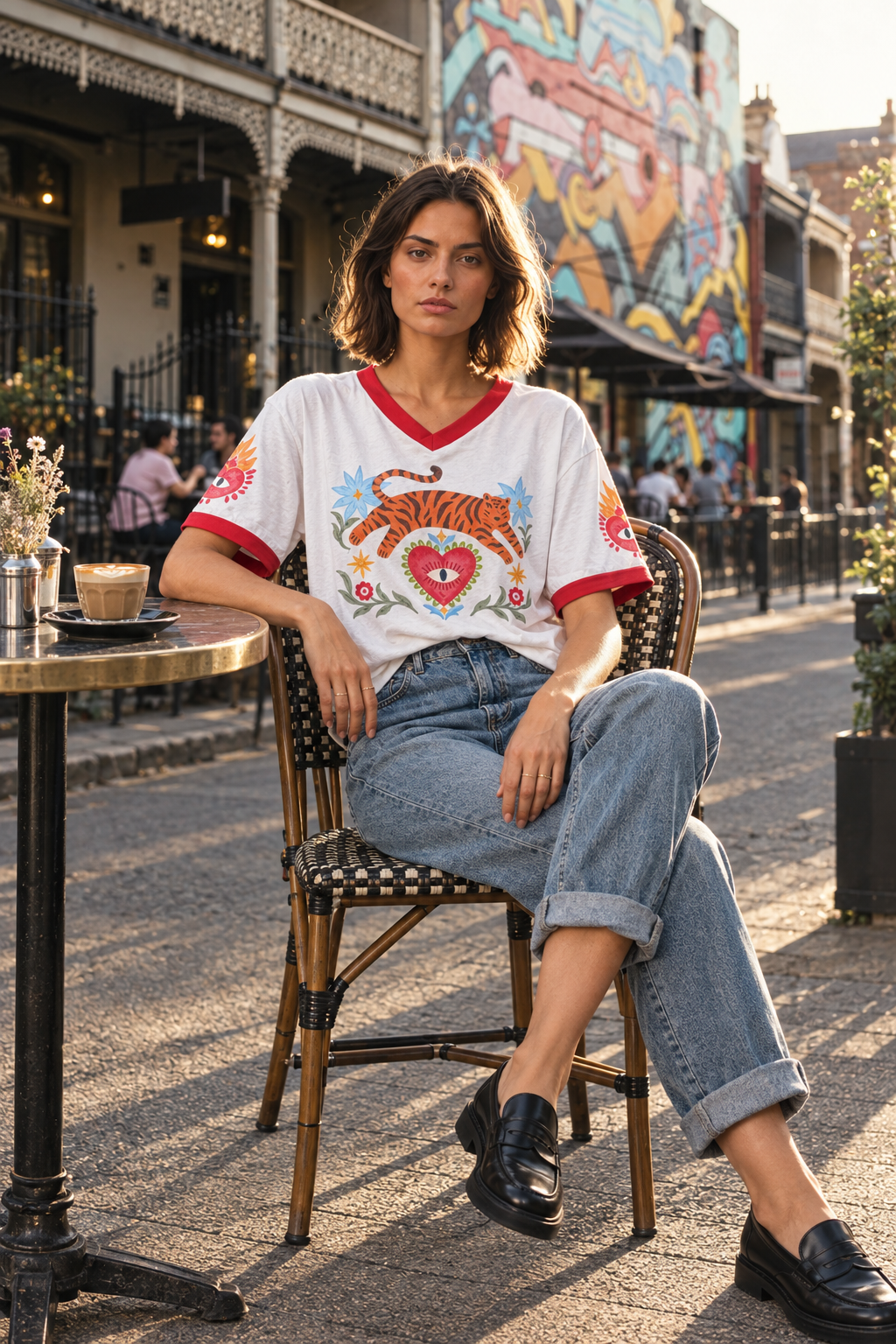 Tiger’s Eye tee seated café editorial