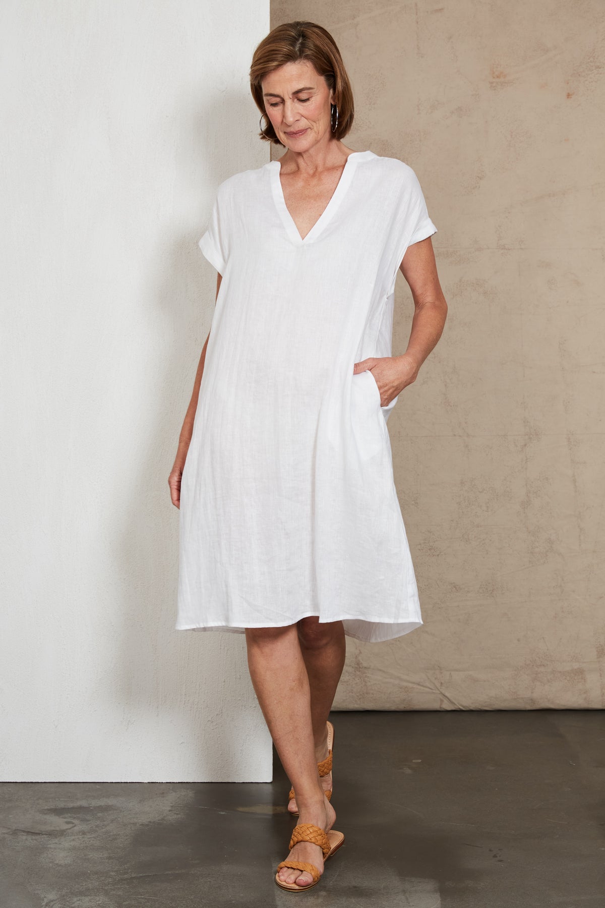 Eb&amp;Ive Studio Linen Midi  Dress with pockets White Work Dress