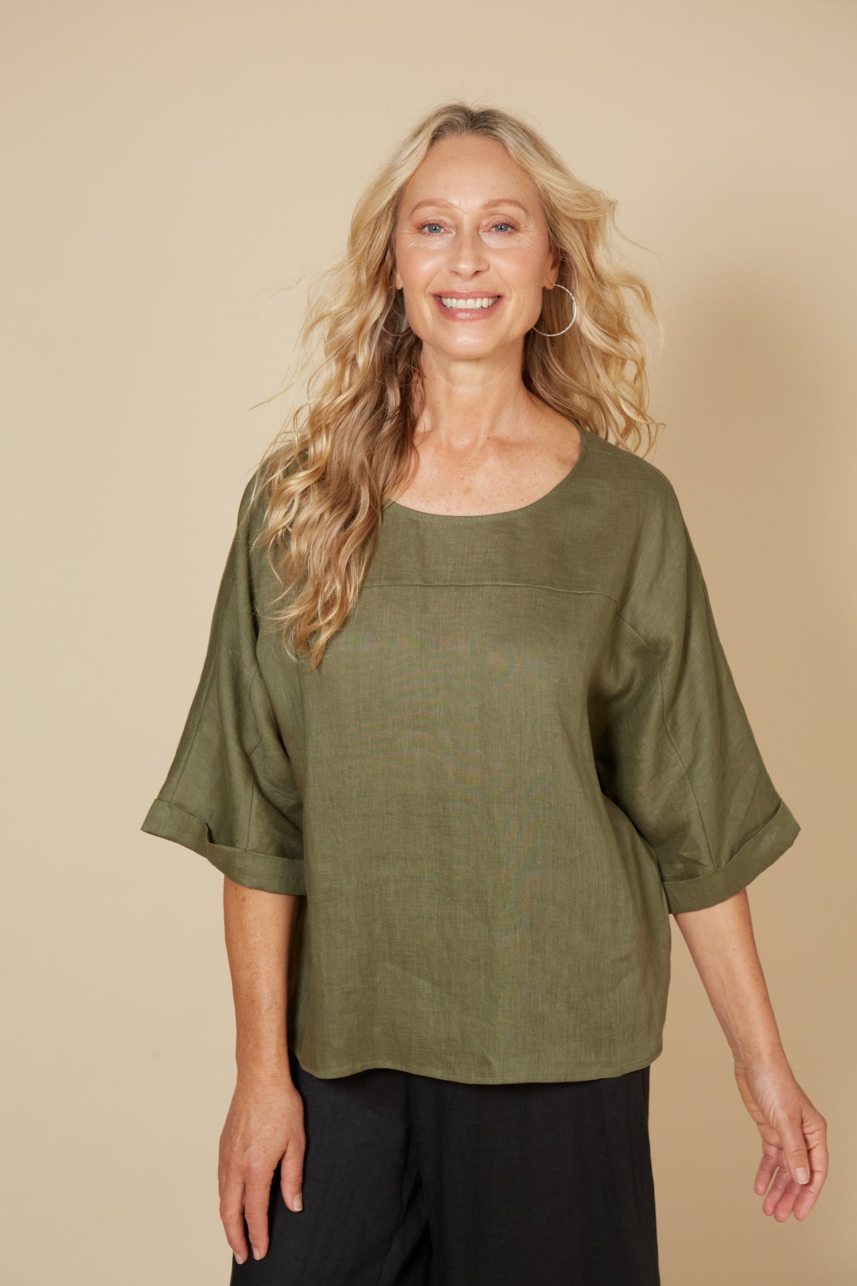 Eb&amp;Ive Studio Linen Relaxed Top Long Sleeve KHAKI