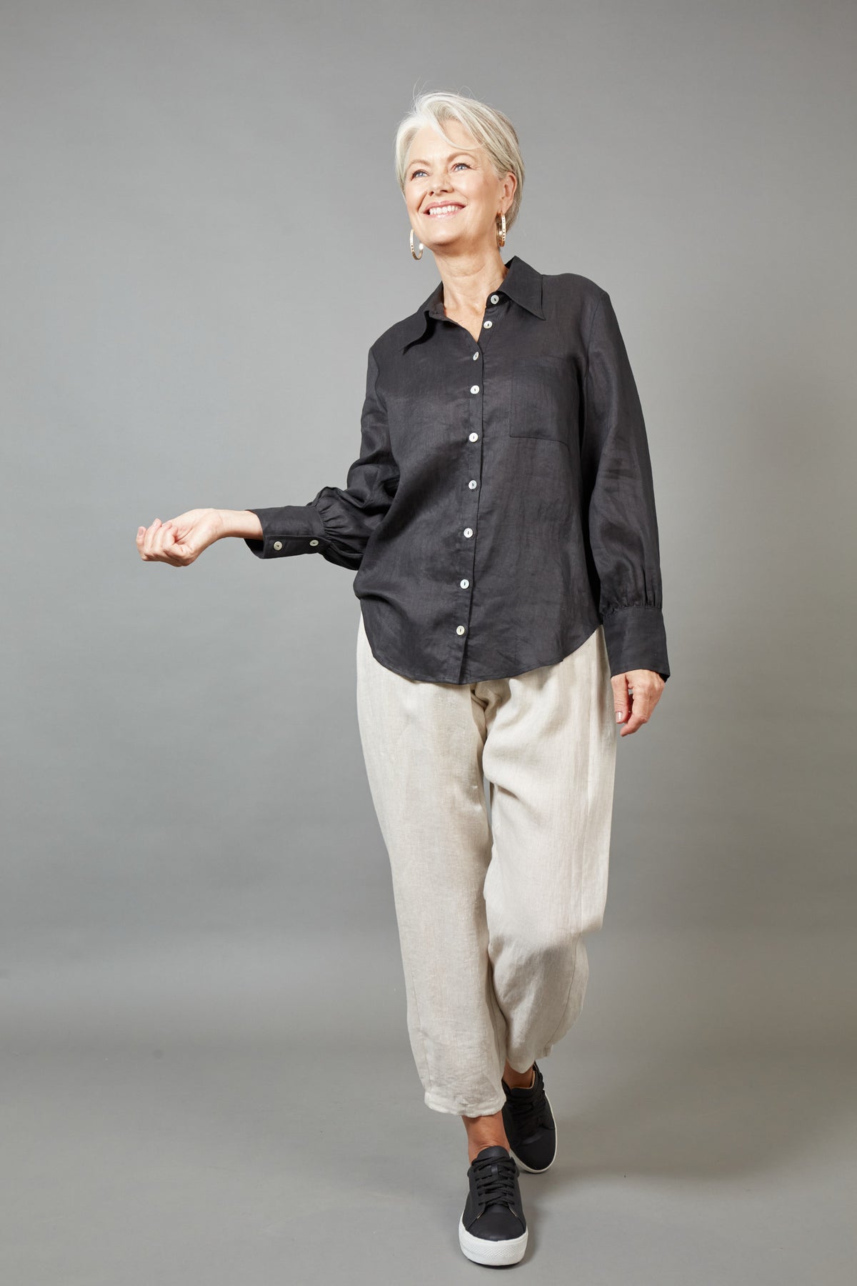 Eb&amp;Ive Studio Linen Button Front Shirt  Top Collar Work Shirt Long Sleeve Black