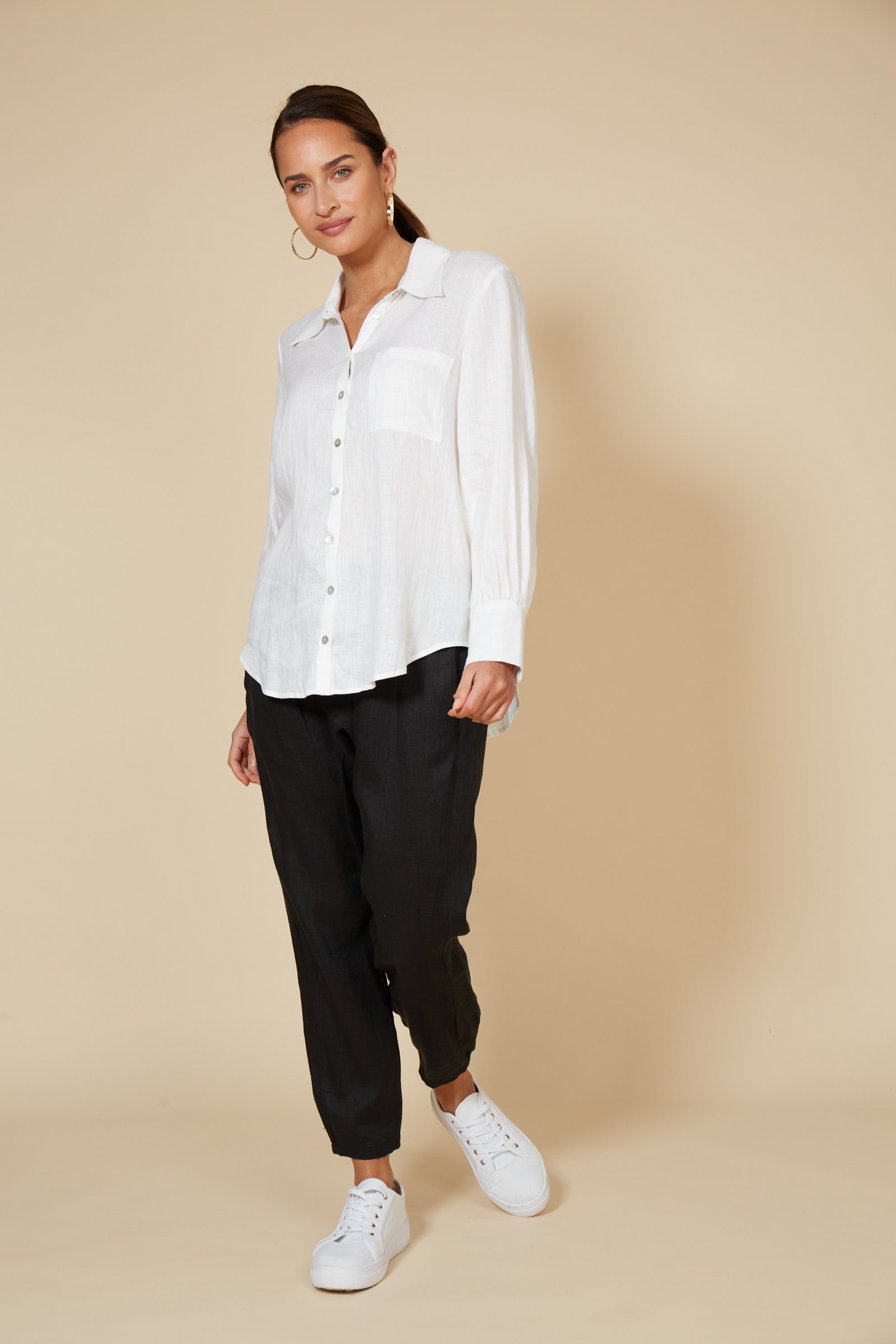 Eb&Ive Studio Linen Button Front Shirt  Top Collar Work Shirt Long Sleeve