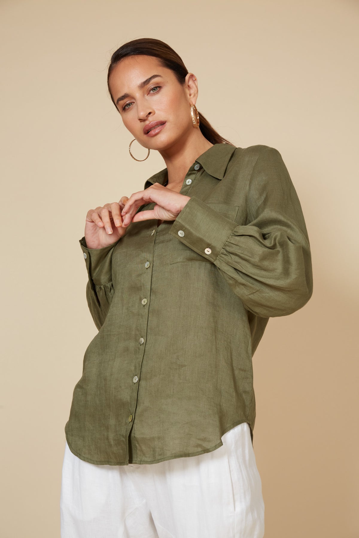 Eb&amp;Ive Studio Linen Button Front Shirt  Top Collar Work Shirt Long Sleeve Khaki