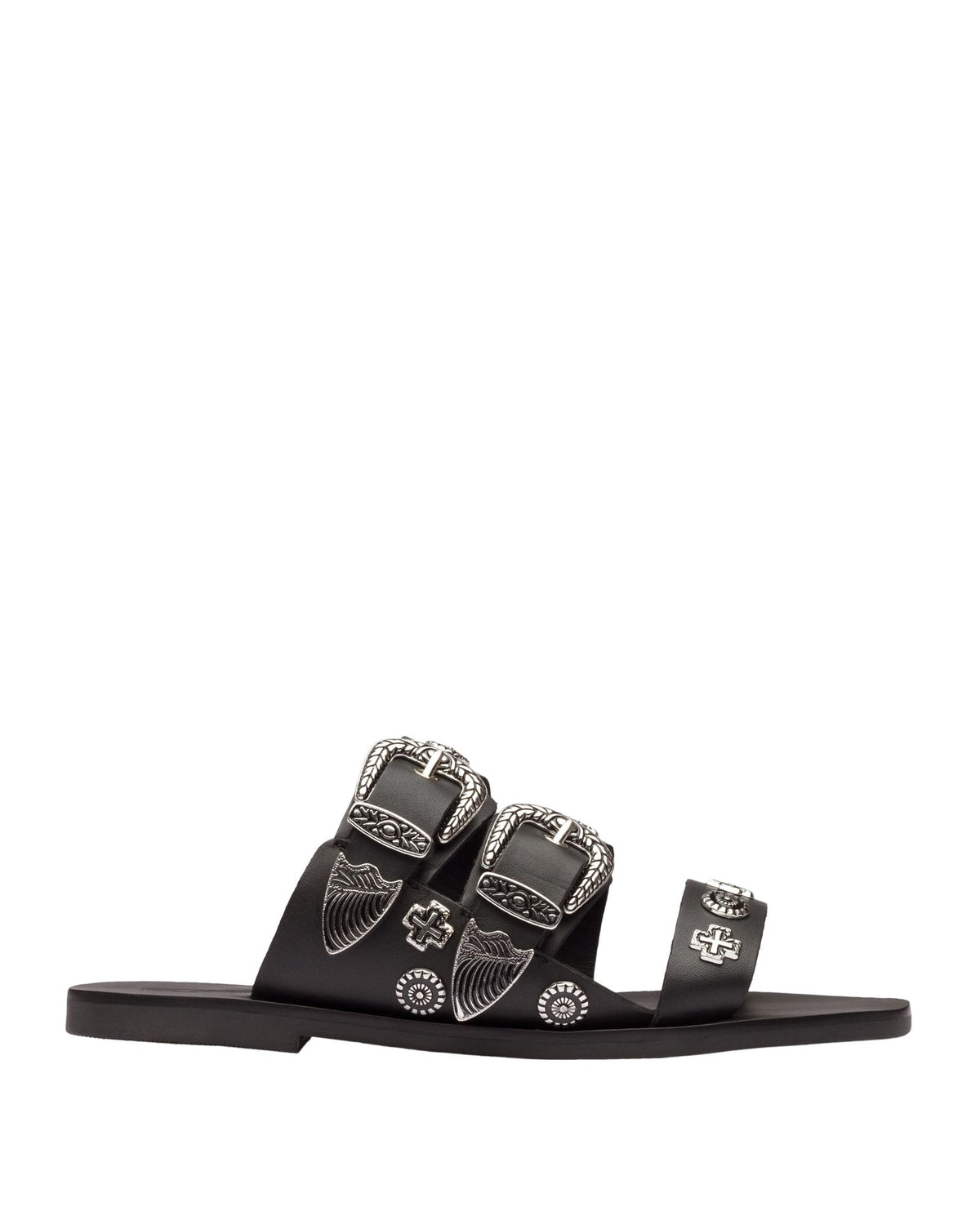 Sol Sana Eastwood stud Slide Black silver leather shoe with metal stud footbed western country shoe