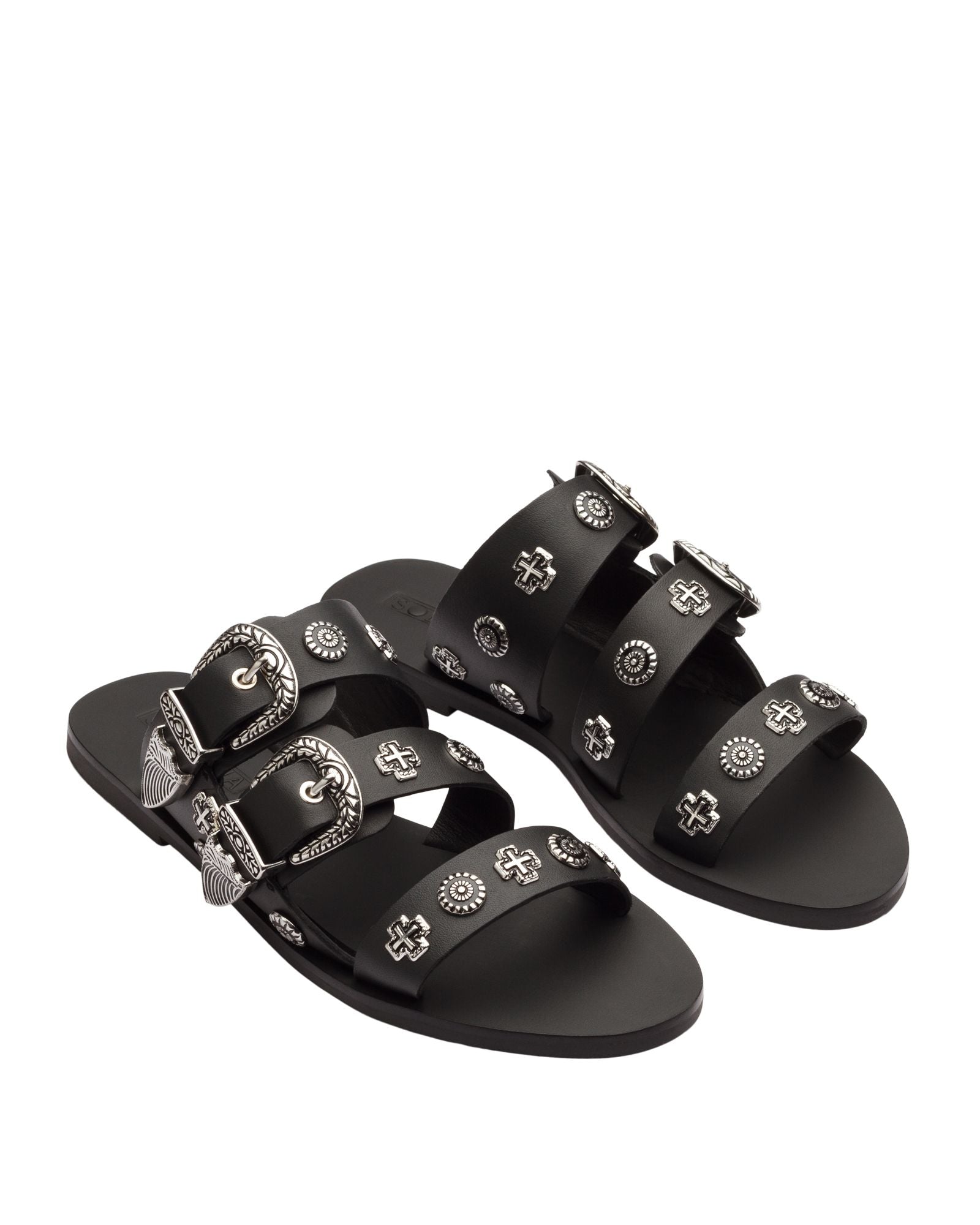 Sol Sana Eastwood stud Slide Black silver leather shoe with metal stud footbed western country shoe