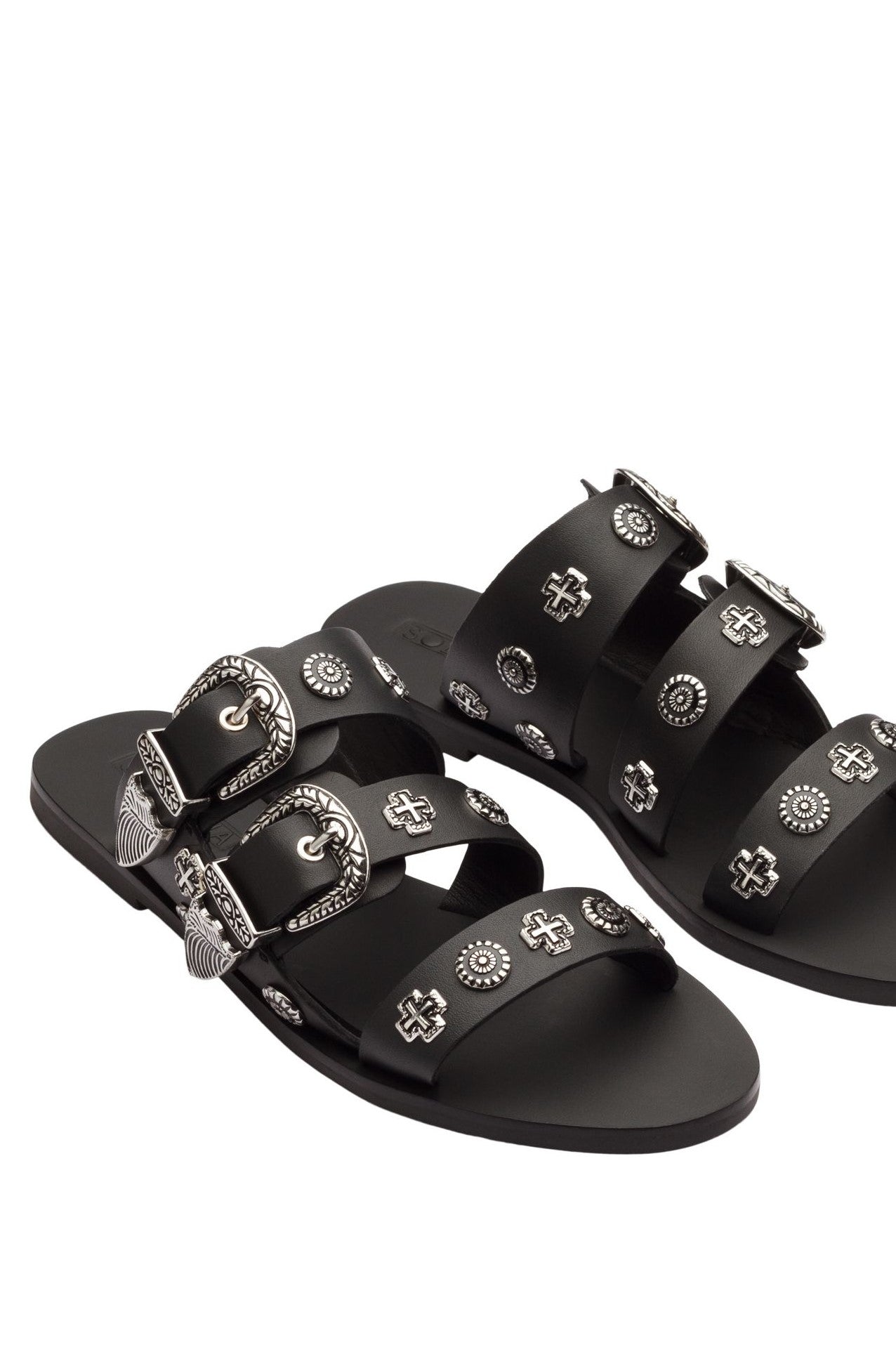 Sol Sana Eastwood stud Slide Black silver leather shoe with metal stud footbed western country shoe