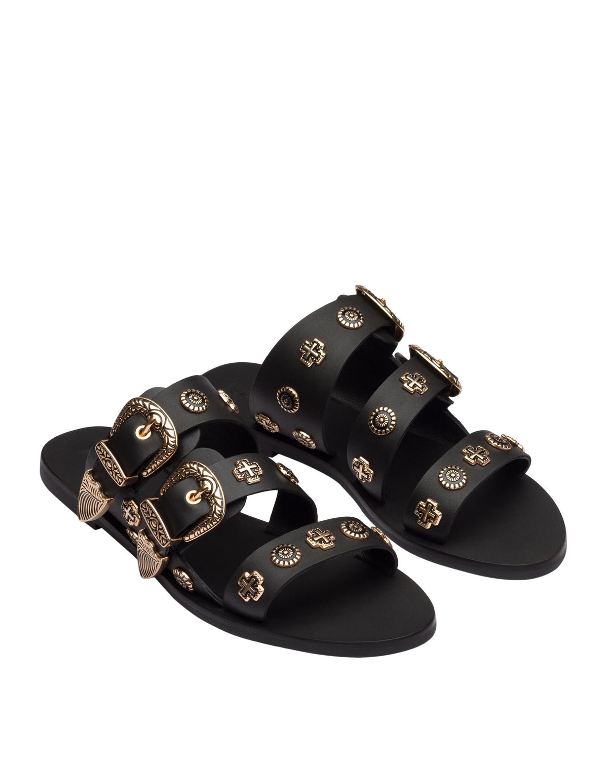Sol Sana Eastwood stud Slide Black gold leather shoe with metal stud footbed western country shoe