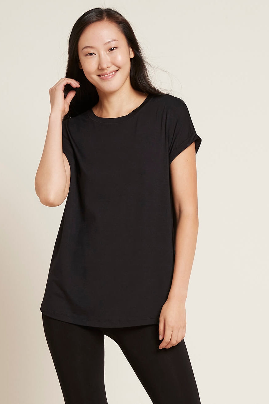 Bamboo Downtime Roll Sleeve Lounge Top - Black