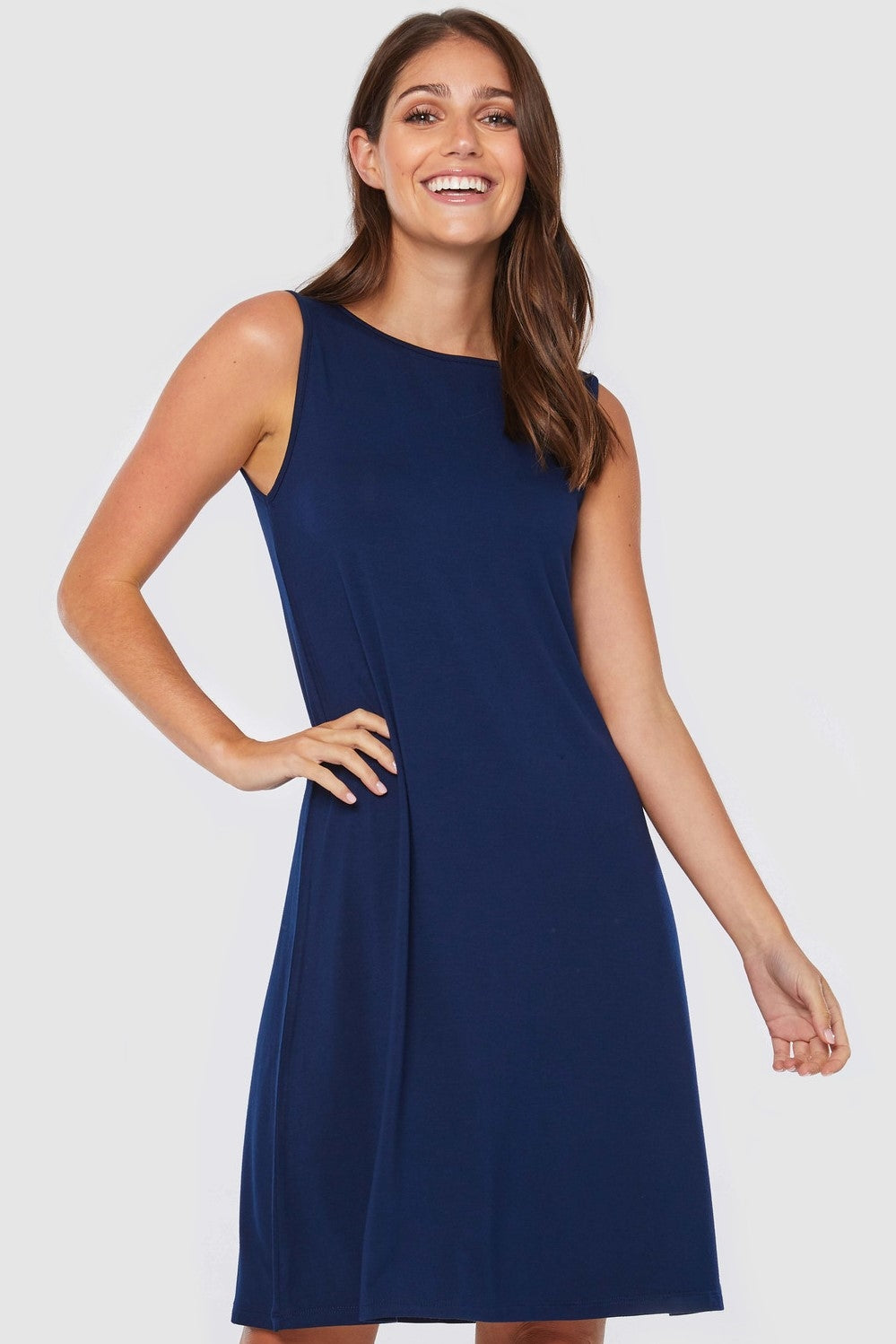 Bamboo Body Adele shift dress midi length super soft bamboo viscose classic premium basic workwear lounge or casual  a-line T-Shirt dress  navy blue 