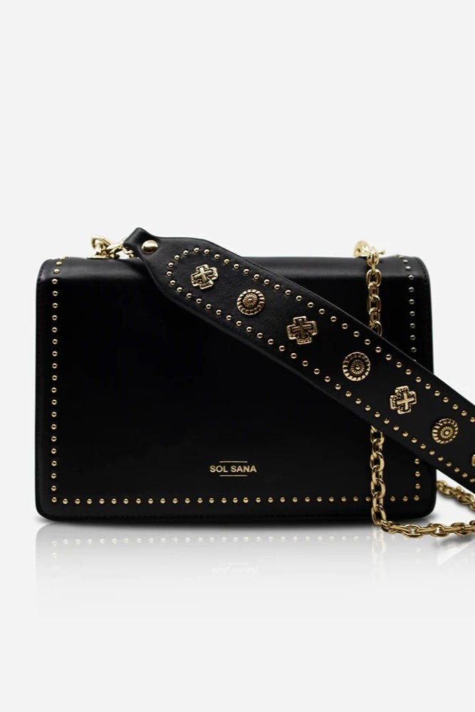 Leather Flap Bag Studded - Black / Gold