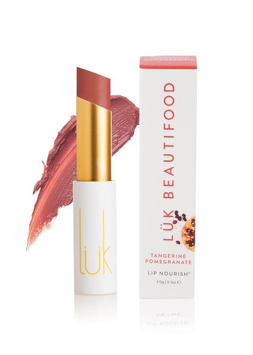 LUK Beautifood lip nourish tangerine pomegranate balm natural nourishing organic vegan non-toxic clean beauty fruit pigmented ethical cruelty free hydrated animal friendly earth derived