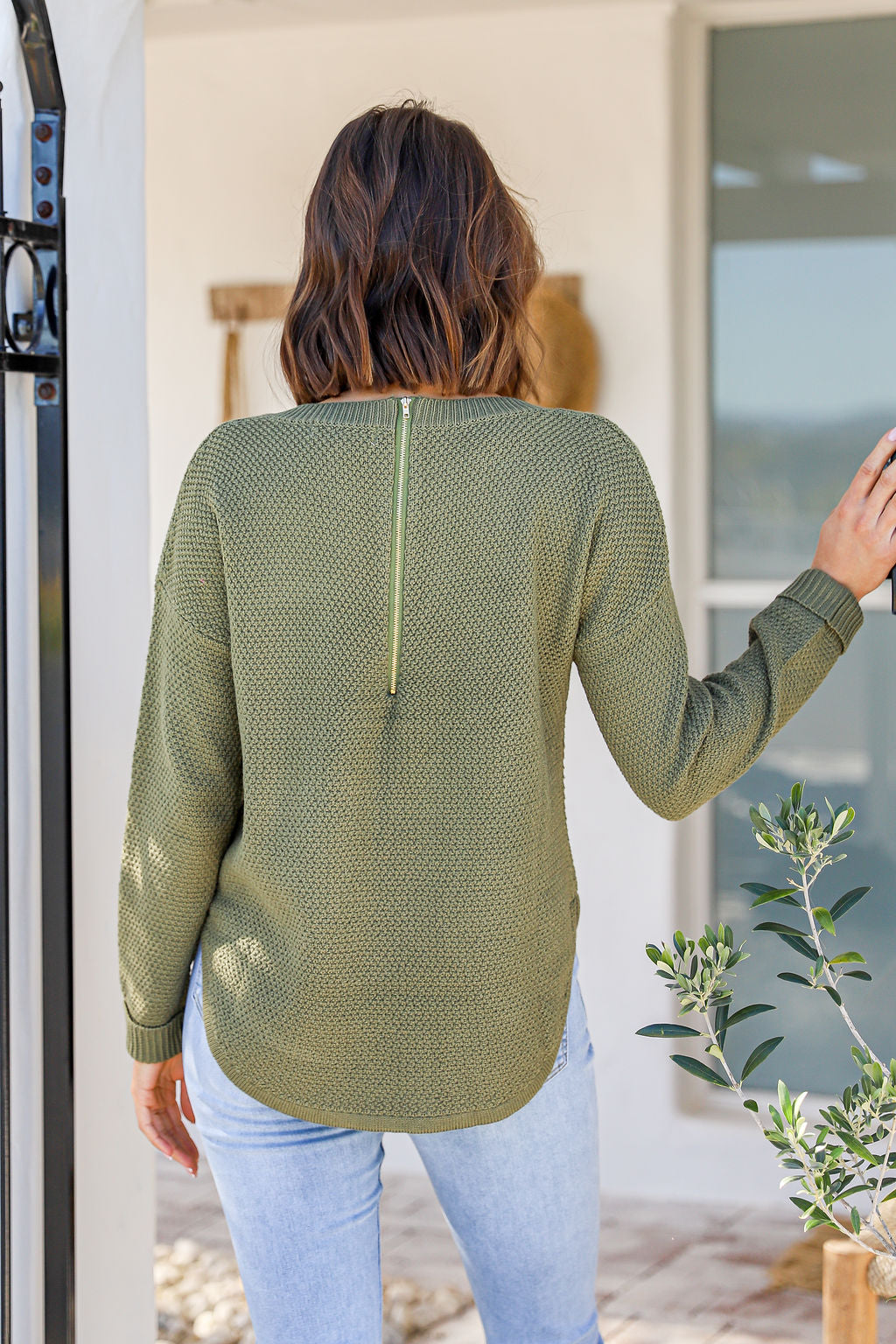 Zip Back Cotton Knit Jumper - Khaki