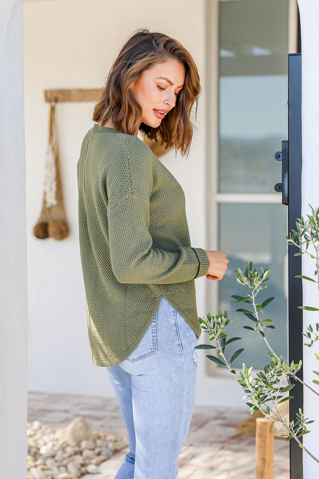 Zip Back Cotton Knit Jumper - Khaki